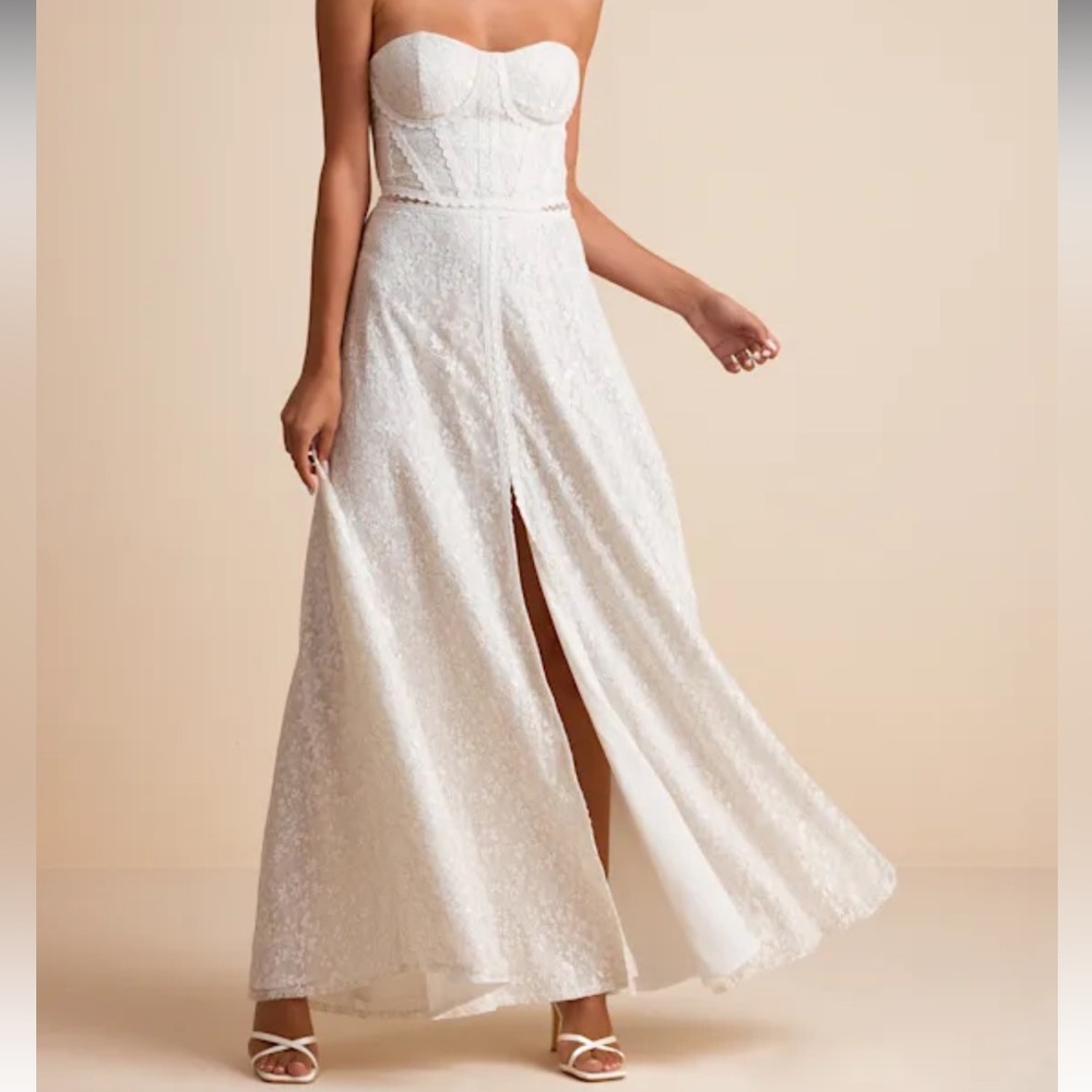 Lulu's White Strapless Lace Maxi Dress with Front Slit - Picture 1 of 6